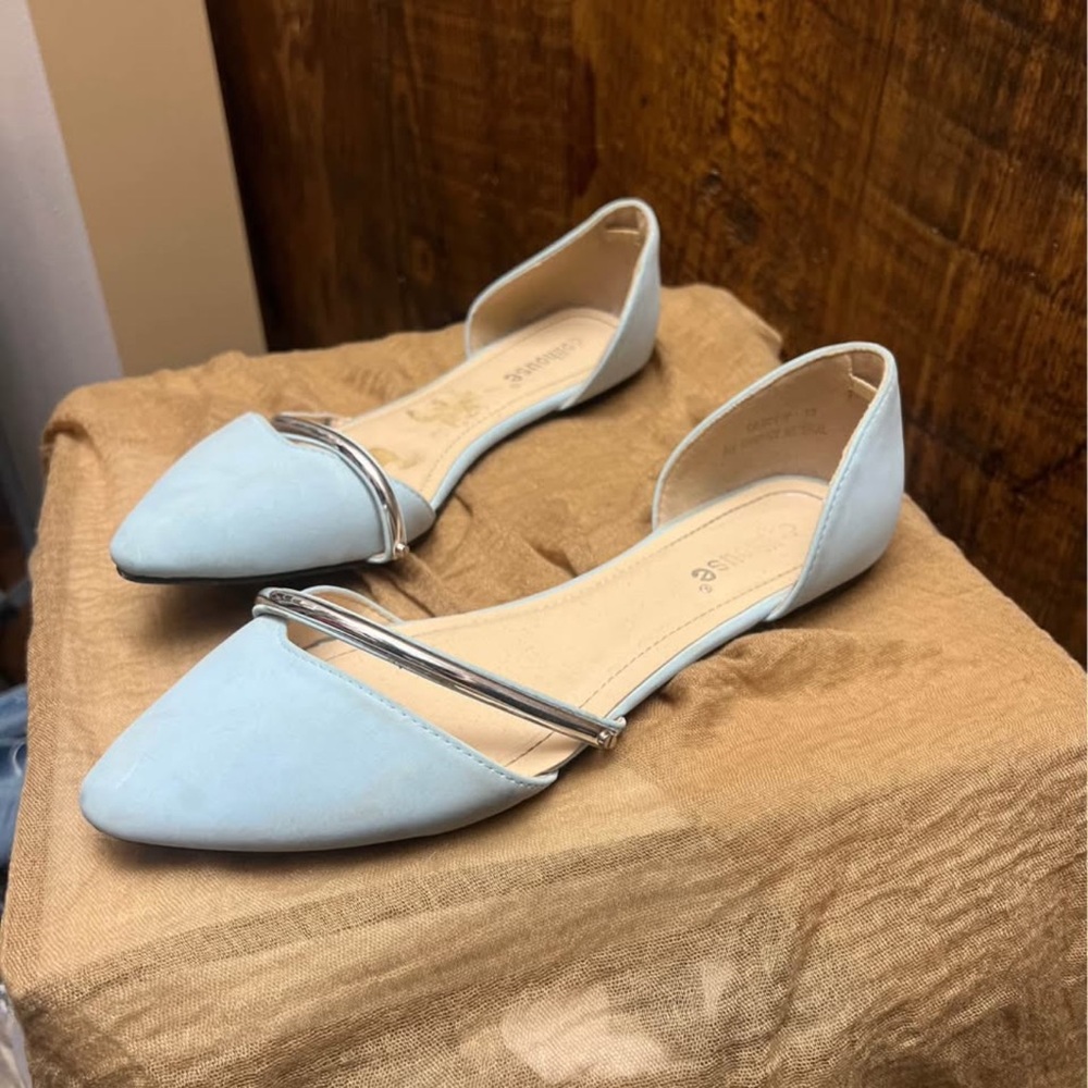 Dollhouse Sky Blue D'Orsay Flats with Silver Detail